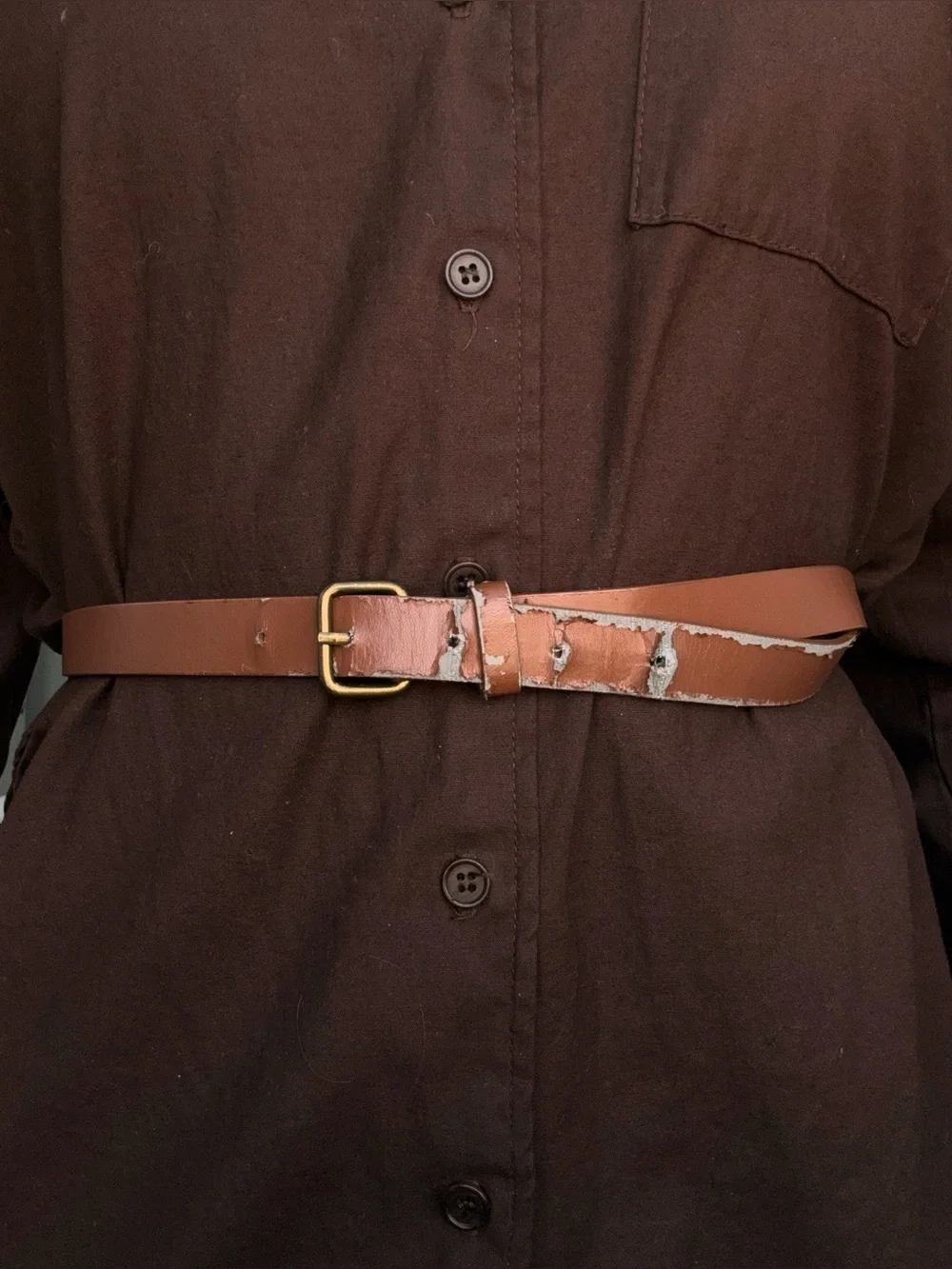 F21 Brown Faux Leather Skinny Belt Brass Buckle Classic Capsule Minimalist Y2K